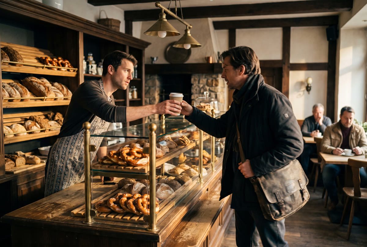 Bäckereitheke mit frischen Brezen und Kaffee zum Mitnehmen