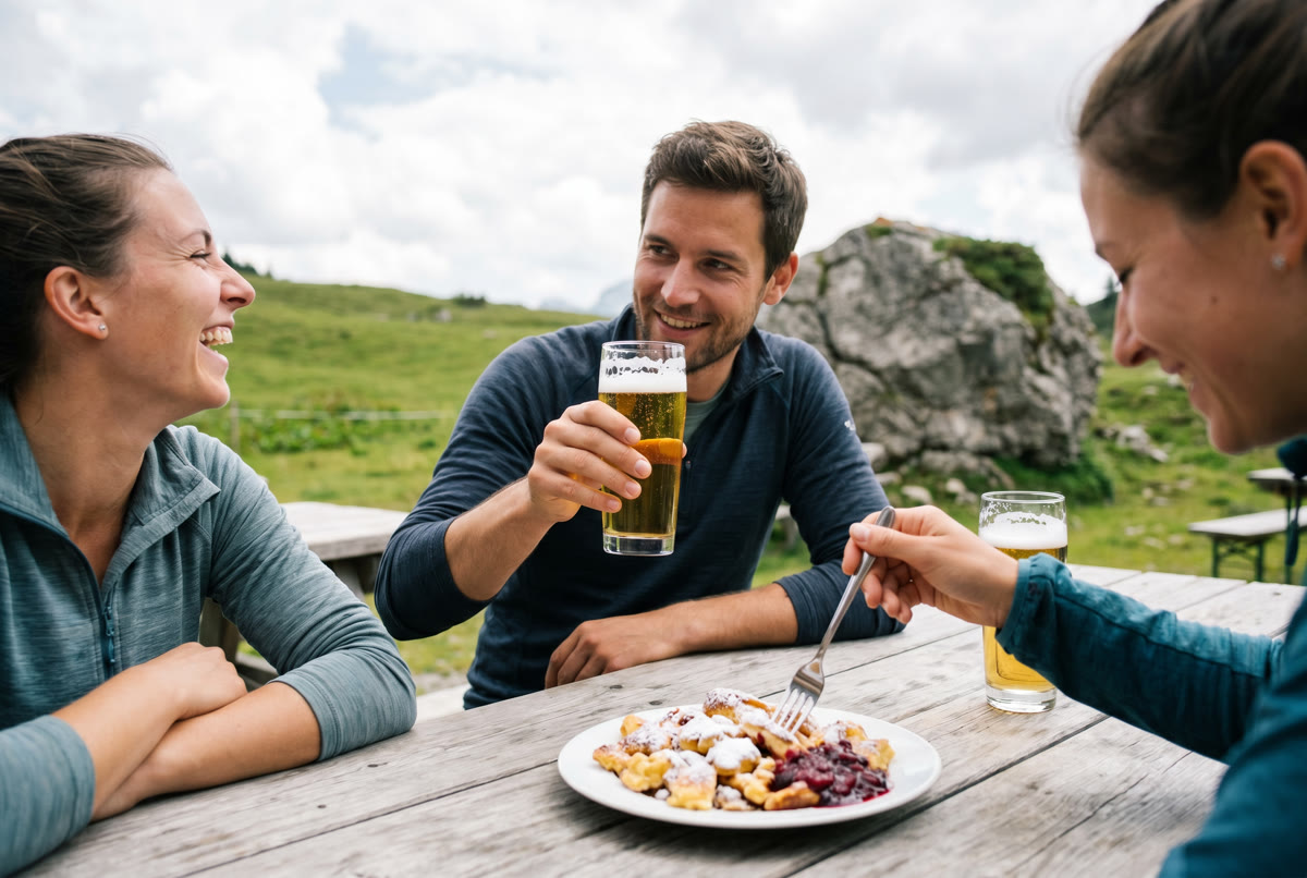 Sonnige Berghütten-Terrasse mit Alpenpanorama