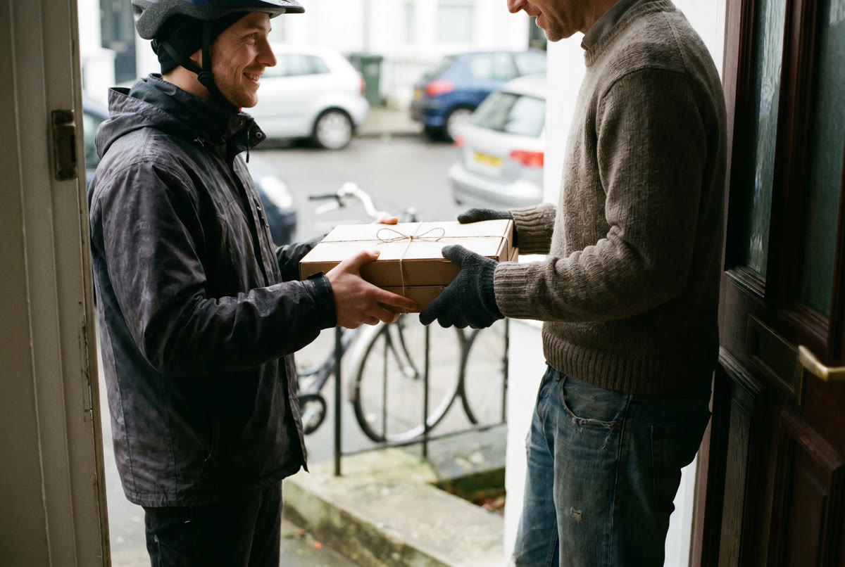 Lieferfahrer übergibt Pizzakartons an der Haustür