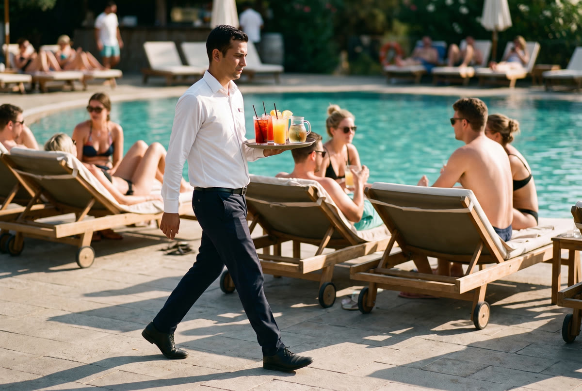 Poolbar an einem sonnigen Tag, Kellner bringt Getränke